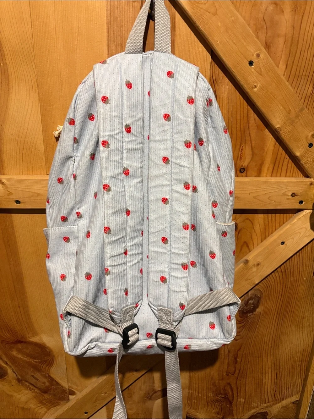 Light Blue Corduroy Kids Backpack with Strawberry Motif and Matching Pouch